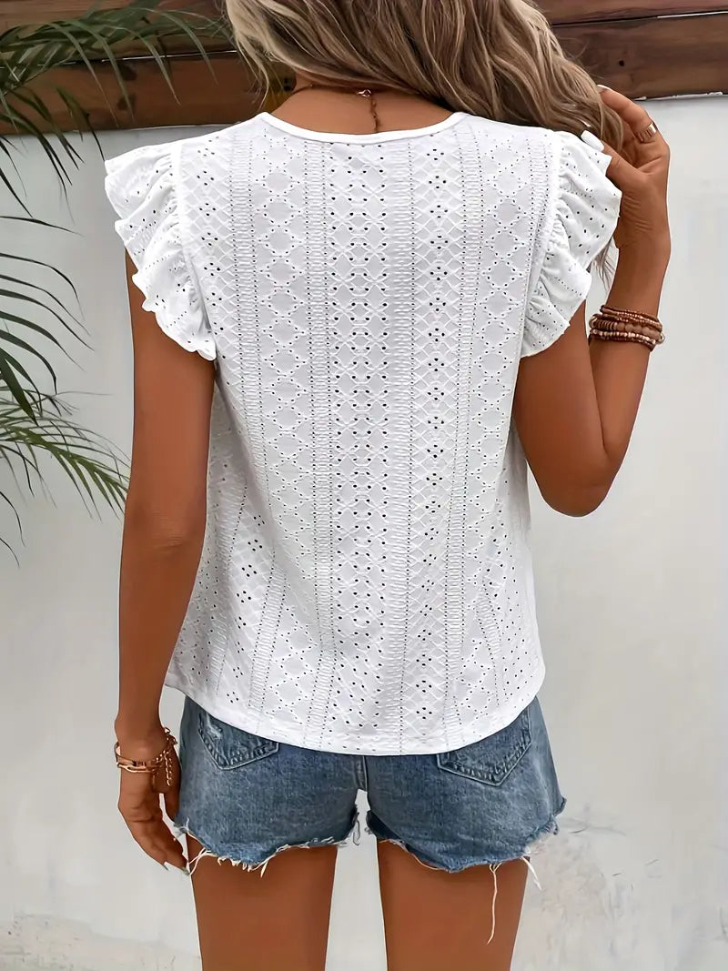 Dam Blustopp – Broderad Hålsöm – Ryschärm – Rund Hals – Elegant och Luftig