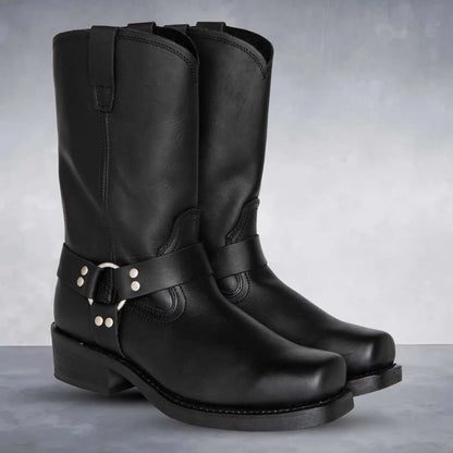 Unisex cowboyboots – läder – mellanhöga – harnessdetalj – pull-on västerstil