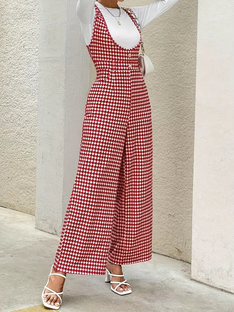 Dam Jumpsuit – Houndstooth Mönster – Vida Ben – Knappar – Figurnära Passform