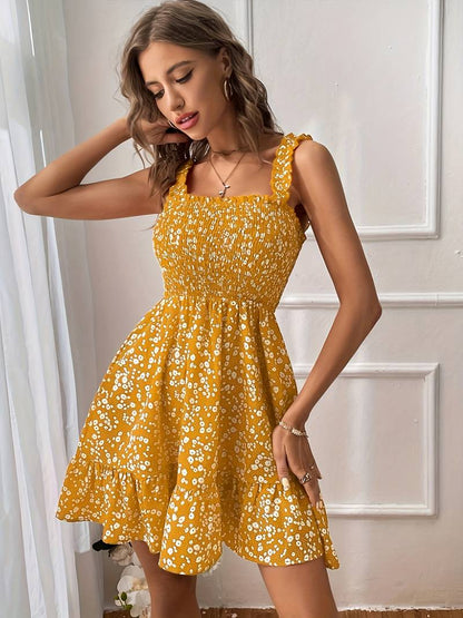 Klänning Dam - Ärmlös Smockad Bodice - Fyrkantig Halsringning - Blommigt Mönster - Vardagsbruk