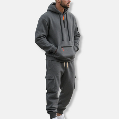 Herr Träningsset – Avslappnad Passform – Halvzip Hoodie – Cargojoggers med Dragsko