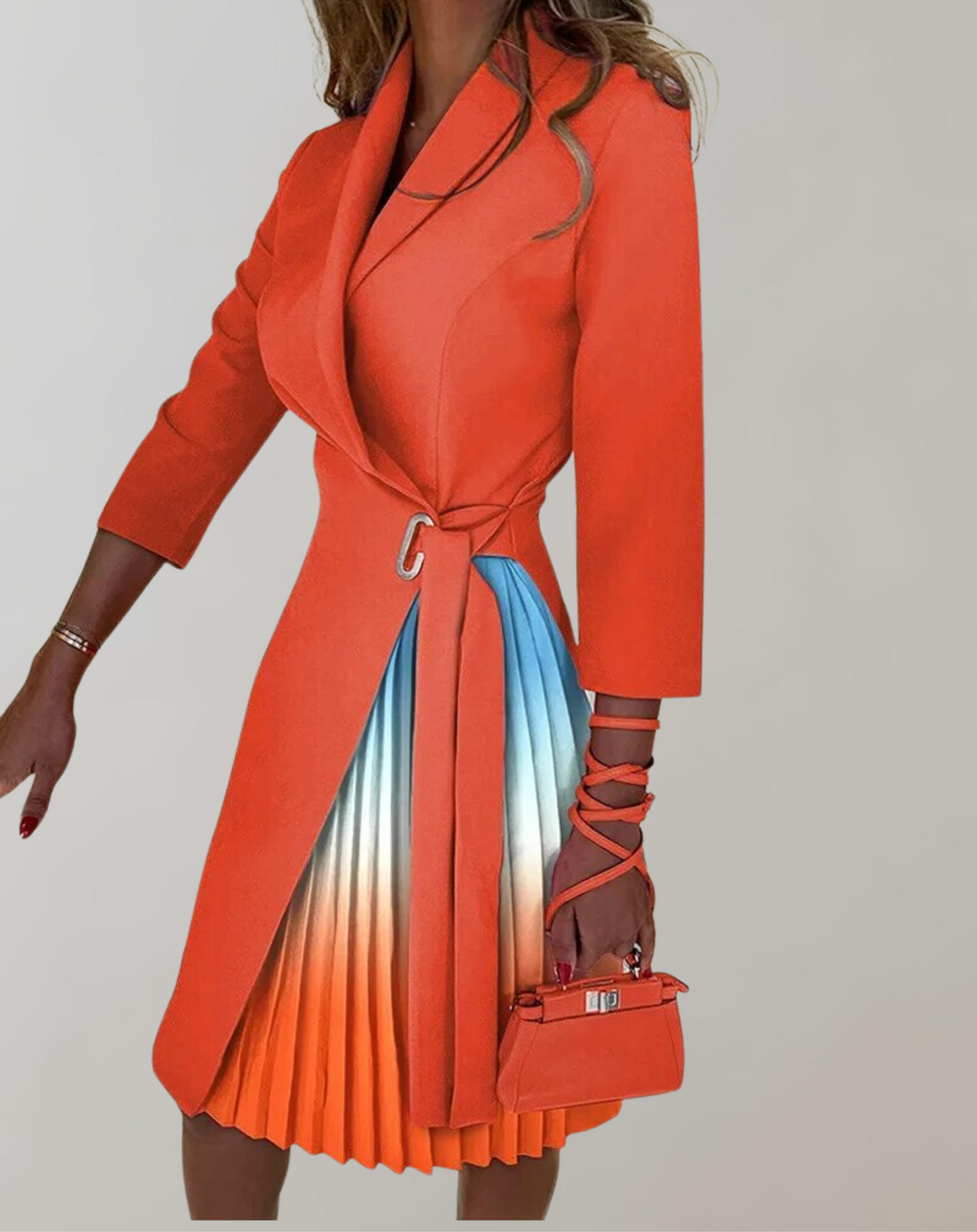 Damklänning midi – Skräddad passform – Plisserad kjol – Notchad hals – Midjebälte