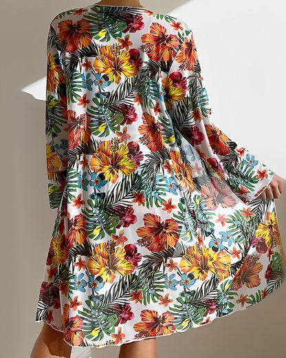 Dam Bikini Set – Justerbar Knyt-Top – Hög Midja – Blommig Täckande Tunn Kimono