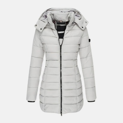 Dam Pufferjacka – Slim Fit – Quiltad – Mellanlång – Huva – Muddade Ärmslut