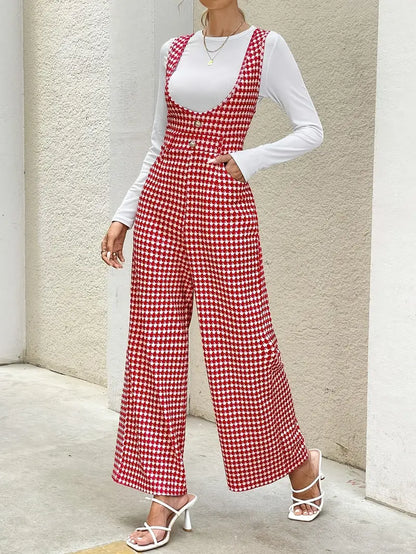 Dam Jumpsuit – Houndstooth Mönster – Vida Ben – Knappar – Figurnära Passform