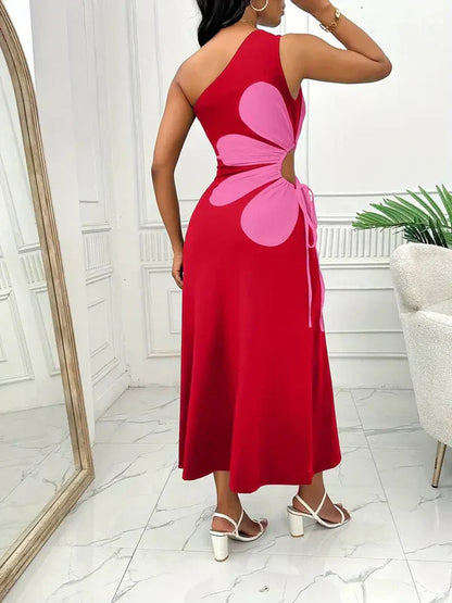 Dam Klänning - One-Shoulder Maxi - Blommigt Motiv - Ärm lös Elegant Design