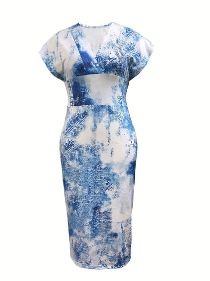 Damklänning - Figurnära Midi - V-ringning - Ärmlös Patchwork Denim Look