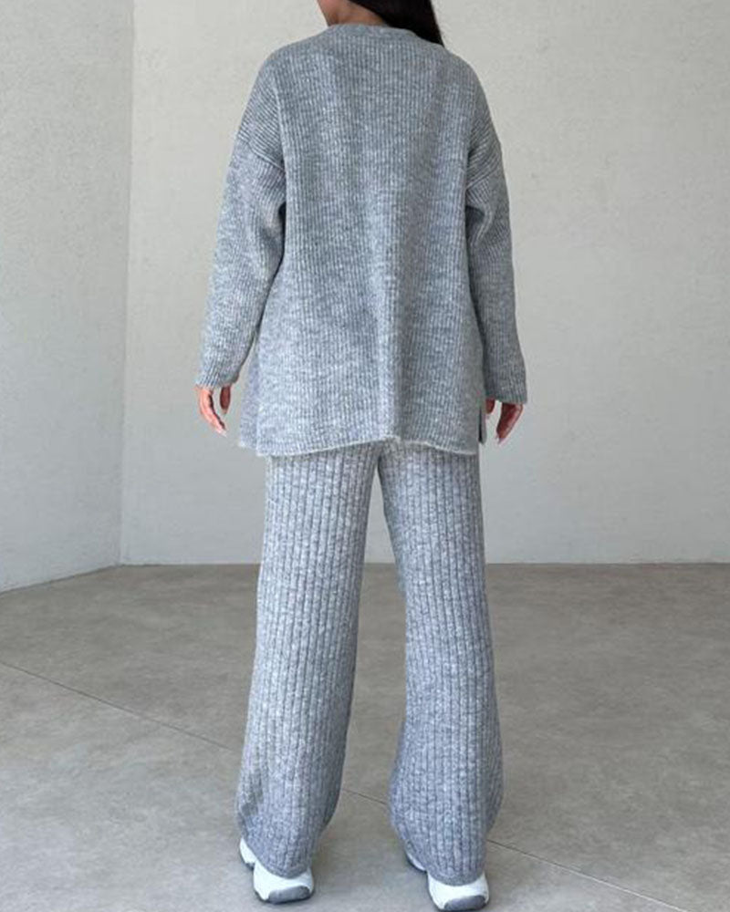 Dam Loungewear-Set - 3-delad Stickad - Kofta, Linne & Vida Byxor - Bekväm Passform
