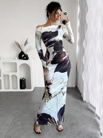 Dam Maxiklänning – Figurnära Passform – Off Shoulder – Långa Ärmar – Mönstrad Design