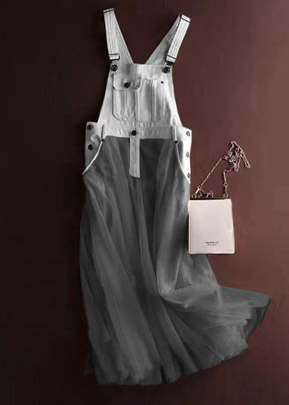 Hängselkjol för kvinnor – A-linjeformad – Denimliv – Tyllkjol med volym – Midilängd