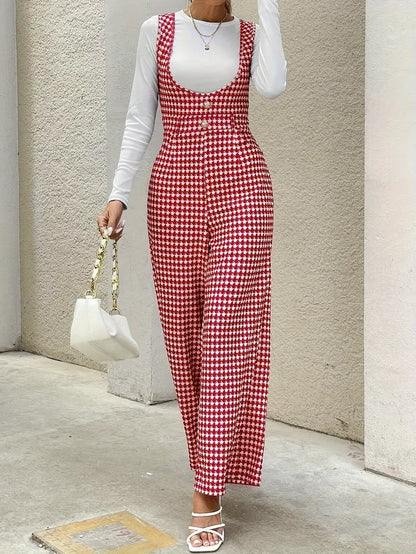 Dam Jumpsuit – Houndstooth Mönster – Vida Ben – Knappar – Figurnära Passform