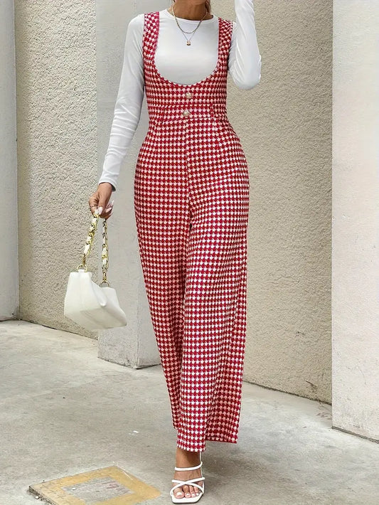 Dam Jumpsuit – Houndstooth Mönster – Vida Ben – Knappar – Figurnära Passform
