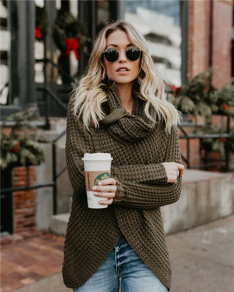 Damtröja – Avslappnad Passform – Stickad Ull – Hög Krage – Knappar Fram