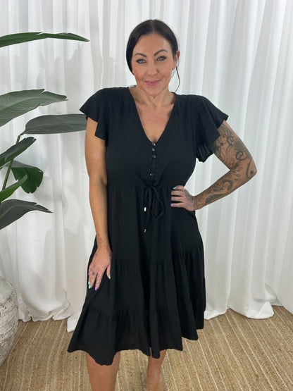 Damklänning - V-ringning - Korta Fjärilsärmar - Knappdetaljer - Justerbar Midja - Volangkjol