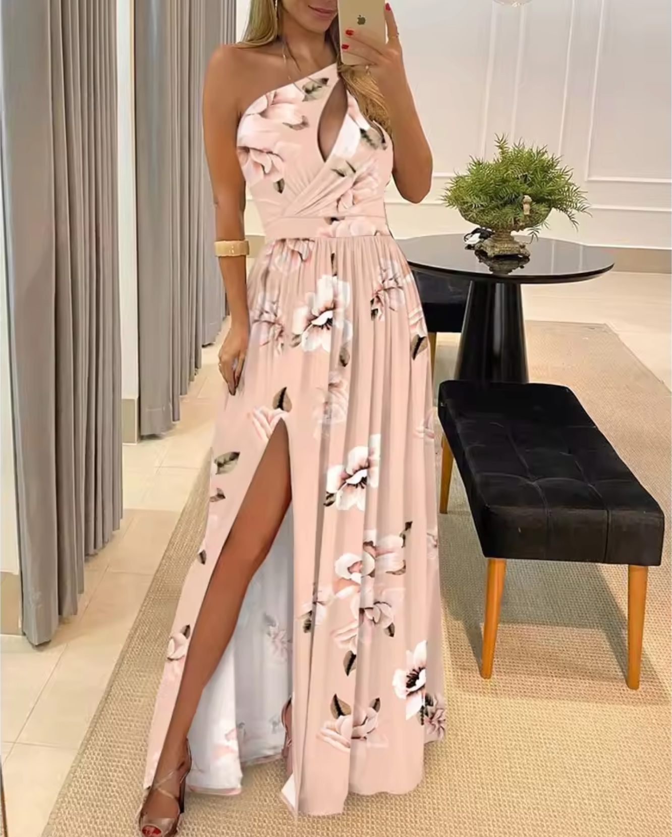 Damklänning - Lång Aftonklänning - Enaxlad - Hög Slits - Figurnära Plisserad Livdel