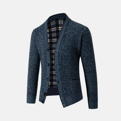 Herrkofta – Slim Fit – Stickad Ullblandning – V-ringning – Knäppning – Fickor