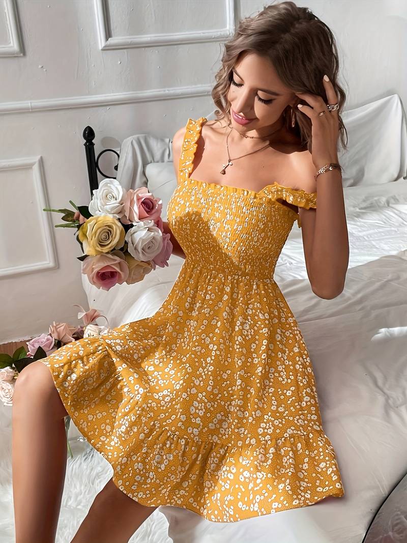 Klänning Dam - Ärmlös Smockad Bodice - Fyrkantig Halsringning - Blommigt Mönster - Vardagsbruk