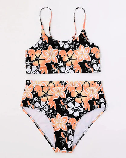 Dam Bikini Set – Högmidjade Trosor – Tanktoppmodell – Blommigt Mönster – Andningsbart Tyg