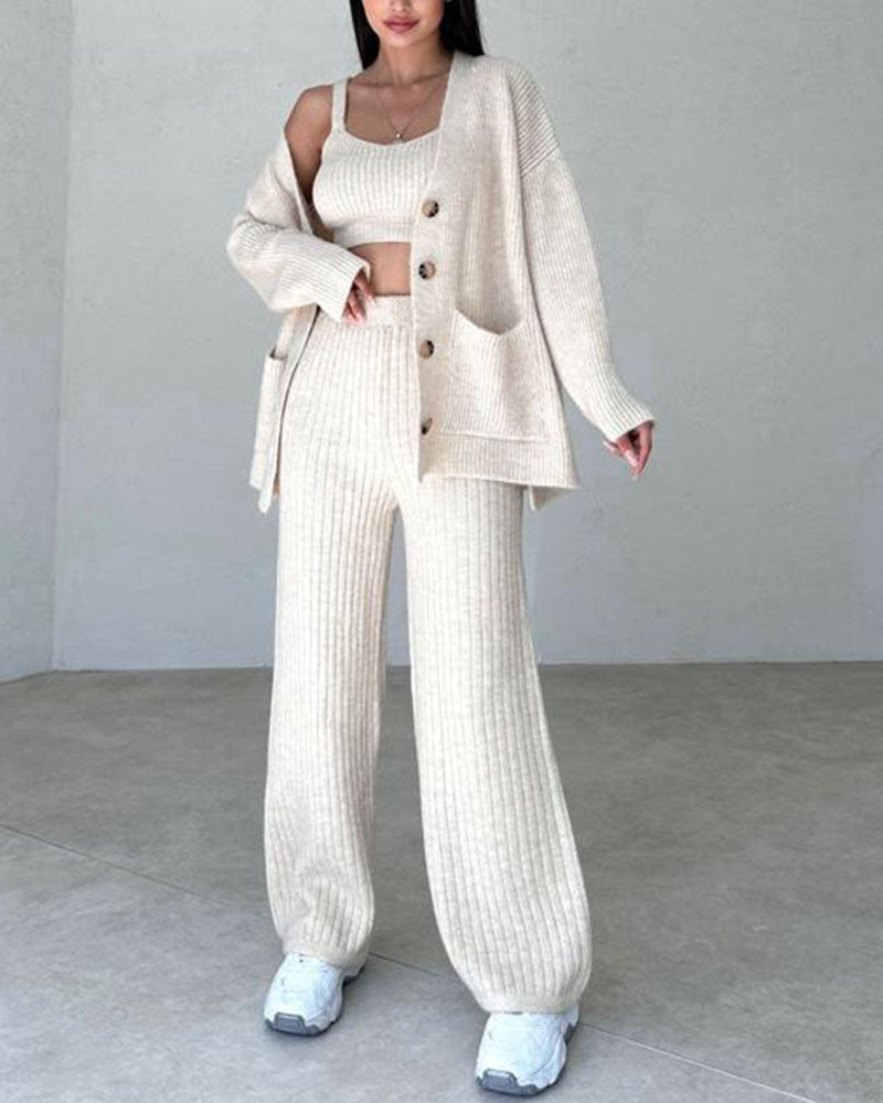 Dam Loungewear-Set - 3-delad Stickad - Kofta, Linne & Vida Byxor - Bekväm Passform