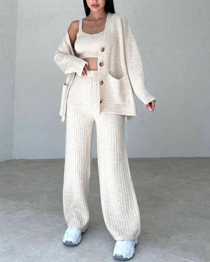 Dam Loungewear-Set - 3-delad Stickad - Kofta, Linne & Vida Byxor - Bekväm Passform
