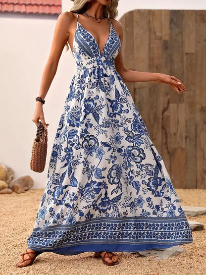 Dam Maxi Klänning - Bohemisk Blommig Design - Ärmlös med Spagettiband - Djup V-ringning