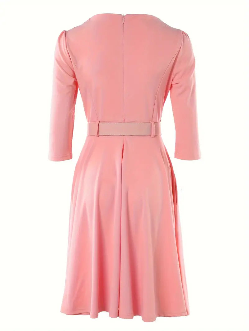 Damklänning - Figursydd A-linje - Trekvartsärm - Rund Hals med Dragkedja - Midjebälte