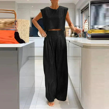 Damset – Èrmlös Croptop – Vida Högmidjebyxor – Avslappnad Passform