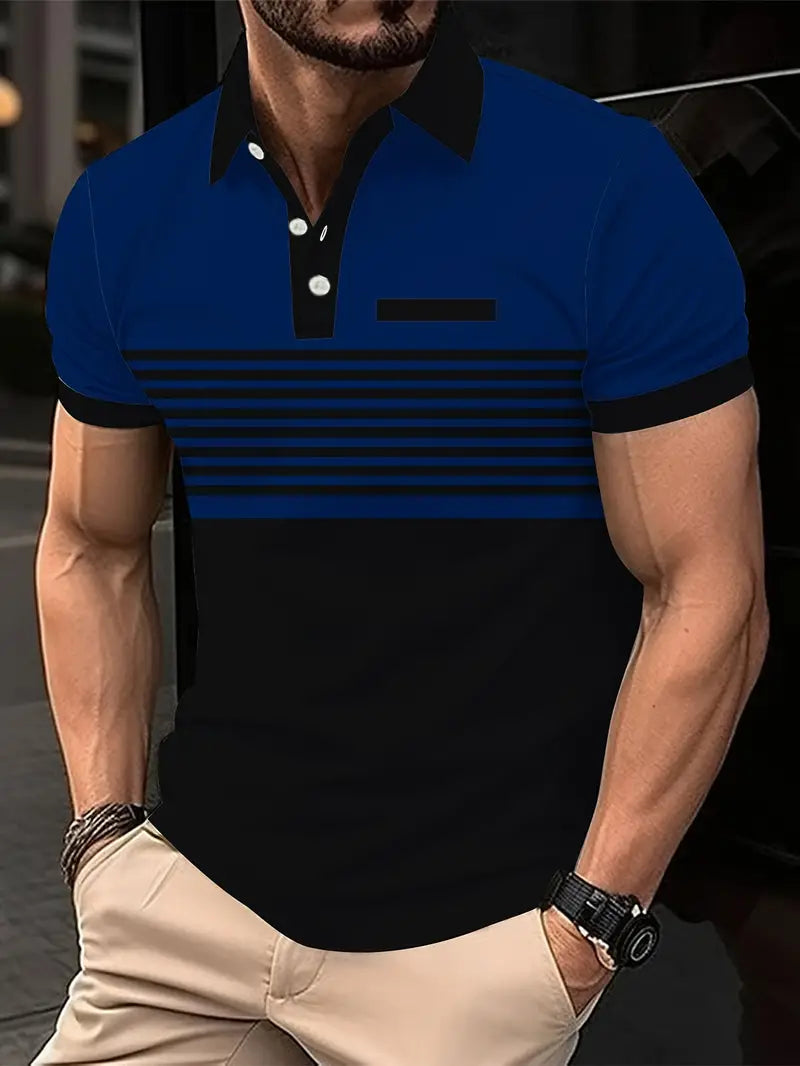 Herr Pikétröja - Randig Design - Slim Fit - Kortärmad Andas Komfort