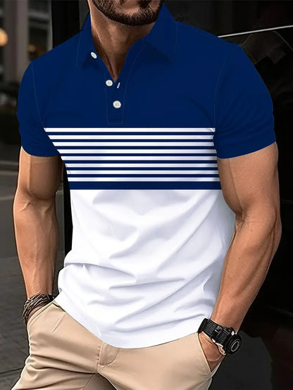 Herr Pikétröja - Randig Design - Slim Fit - Kortärmad Andas Komfort