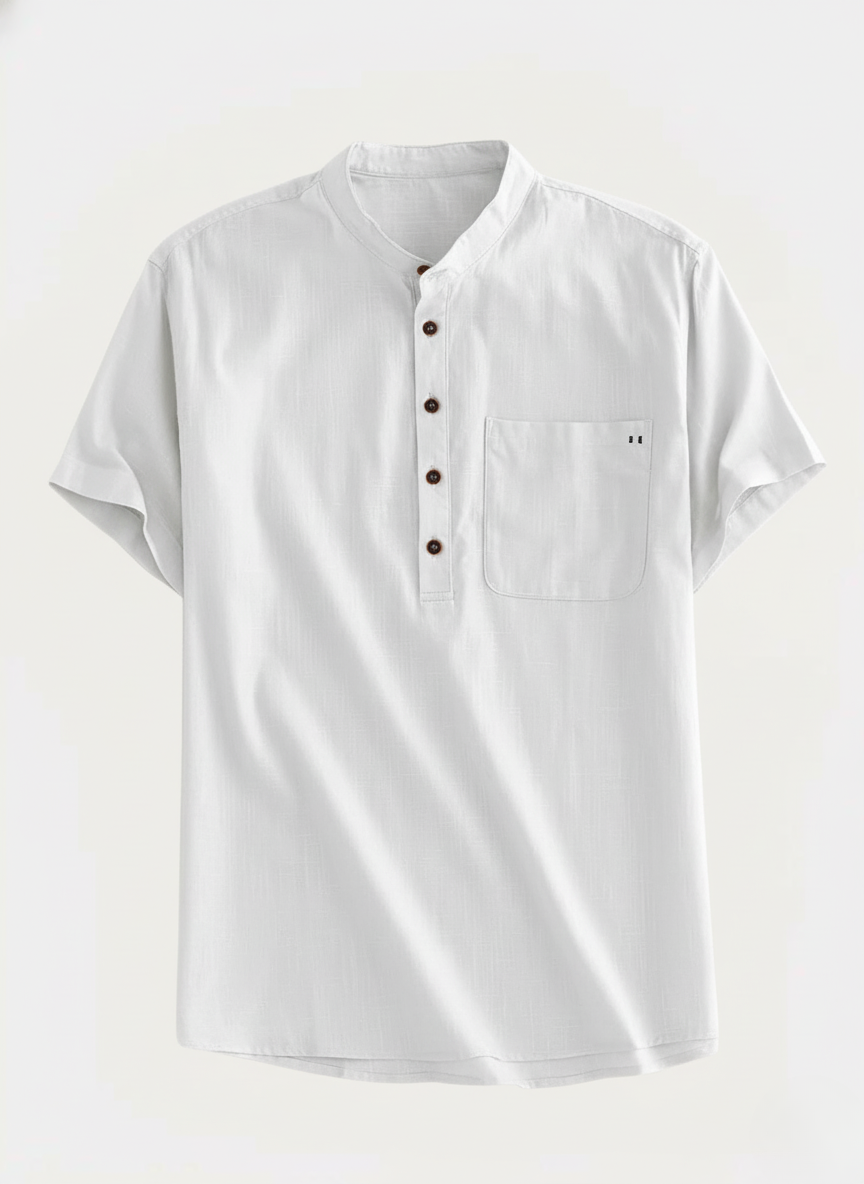 Herr Skjorta - Kortärmad med Mandarin Krage - Halv Knäppning - Bröstficka