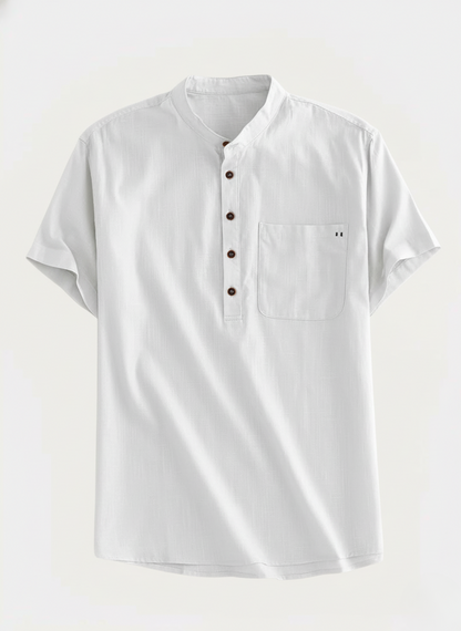 Herr Skjorta - Kortärmad med Mandarin Krage - Halv Knäppning - Bröstficka