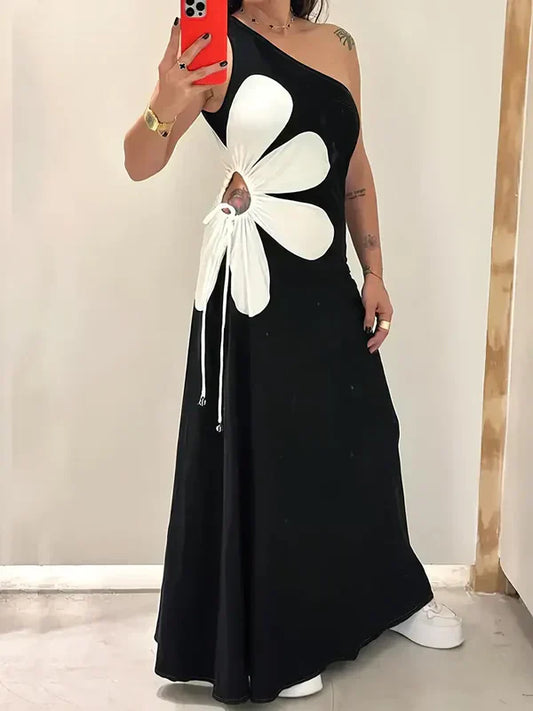 Dam Klänning - One-Shoulder Maxi - Blommigt Motiv - Ärm lös Elegant Design