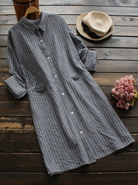 Damklänning – Rak Passform – Lätt Bomull – Knäppning – Randig – Trekvartsärm