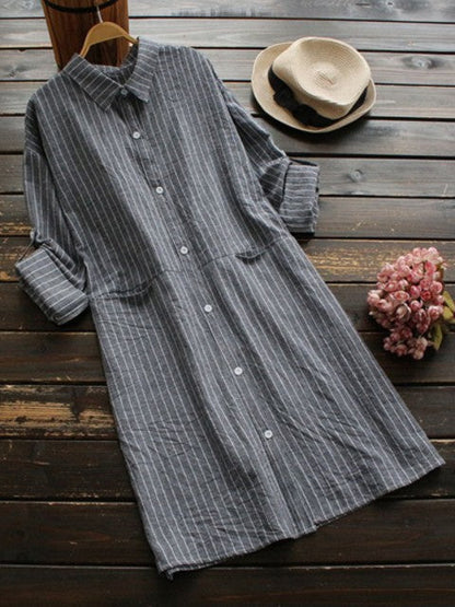 Damklänning – Rak Passform – Lätt Bomull – Knäppning – Randig – Trekvartsärm