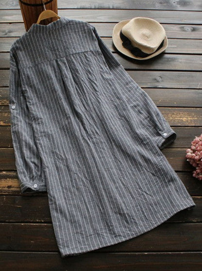 Damklänning – Rak Passform – Lätt Bomull – Knäppning – Randig – Trekvartsärm