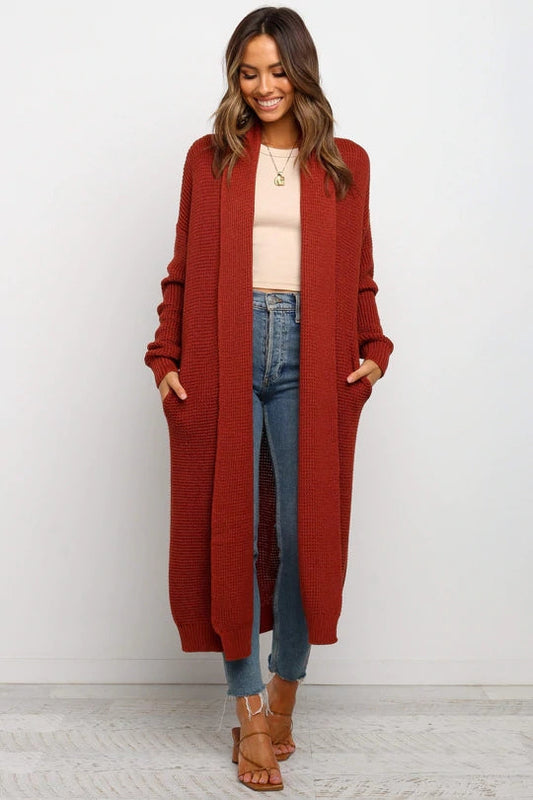 Dam lång kofta – Mjuk stickad – Oversize passform – Öppen front – Ribbade muddar
