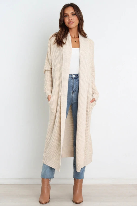 Dam lång kofta – Mjuk stickad – Oversize passform – Öppen front – Ribbade muddar