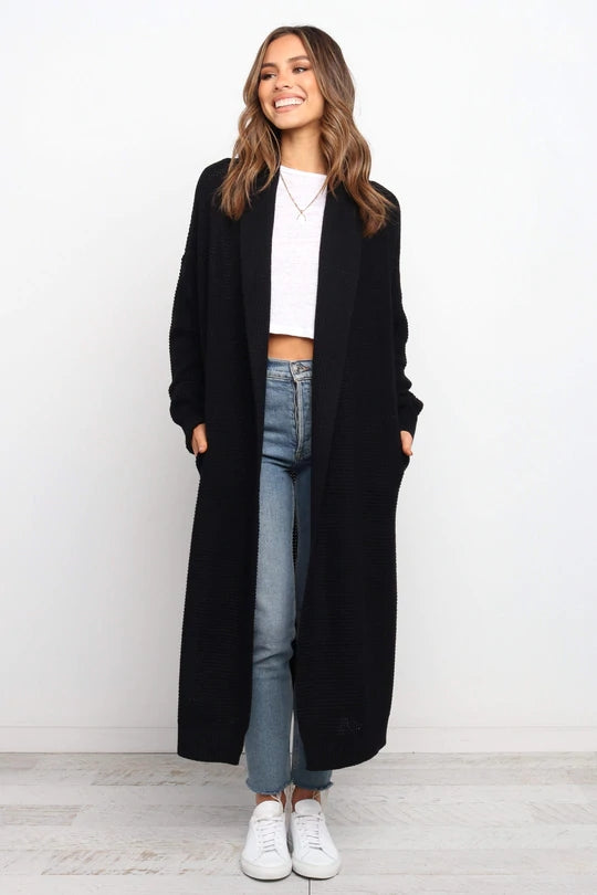 Dam lång kofta – Mjuk stickad – Oversize passform – Öppen front – Ribbade muddar