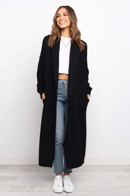 Dam lång kofta – Mjuk stickad – Oversize passform – Öppen front – Ribbade muddar
