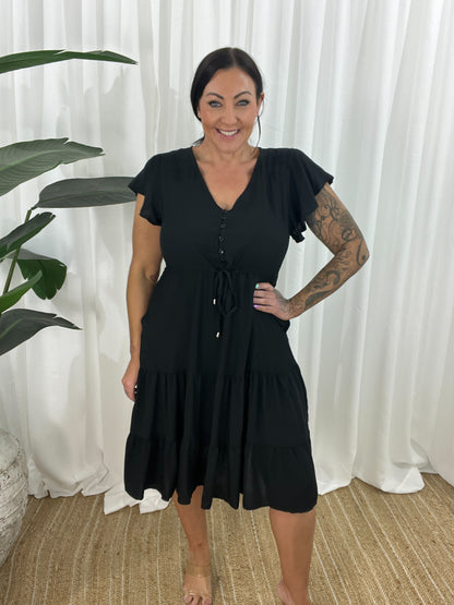 Damklänning - V-ringning - Korta Fjärilsärmar - Knappdetaljer - Justerbar Midja - Volangkjol