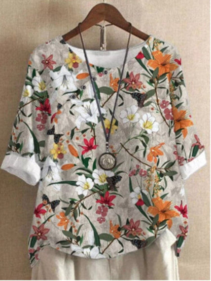 Damblus - Blommigt Mönster - Rund Hals - Halvlång Ärmar - Bekväm och Andas