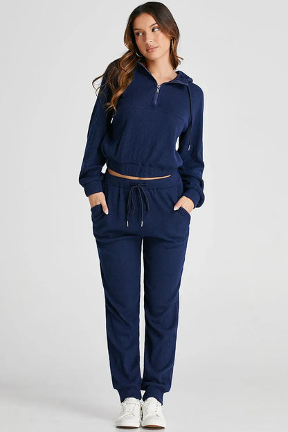 Damtracksuit - Ribbad Lounge Set - Kvartzip Tröja & Högmidjade Joggers