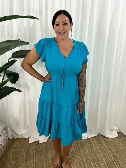 Damklänning - V-ringning - Korta Fjärilsärmar - Knappdetaljer - Justerbar Midja - Volangkjol