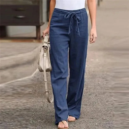 Women’s Relaxed Fit Drawstring Linen-Blend Wide Leg Pants