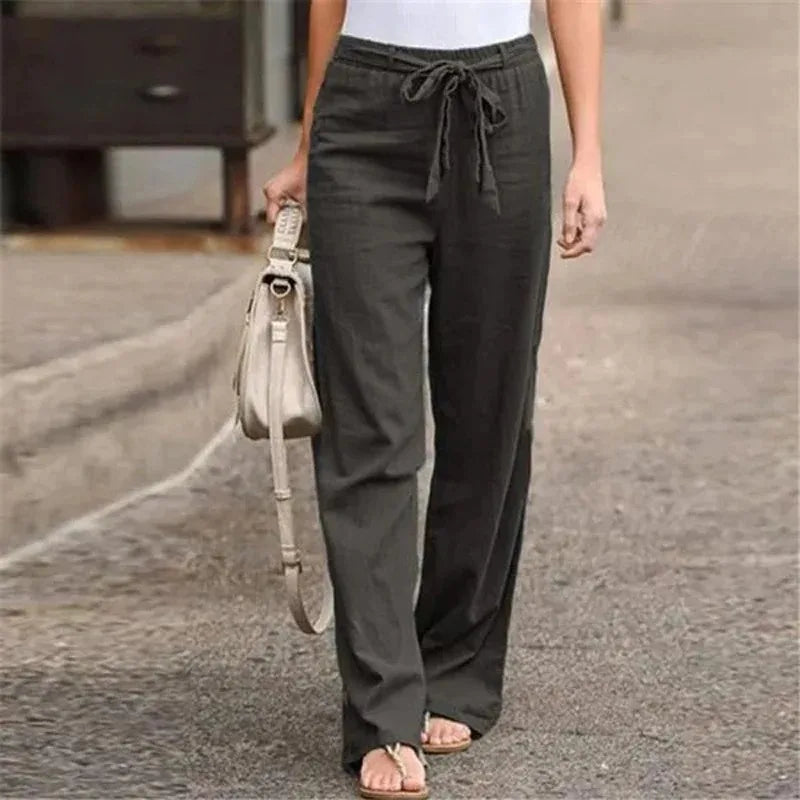 Women’s Relaxed Fit Drawstring Linen-Blend Wide Leg Pants