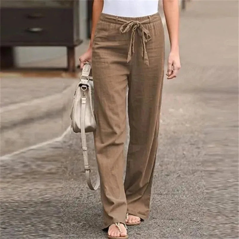 Women’s Relaxed Fit Drawstring Linen-Blend Wide Leg Pants
