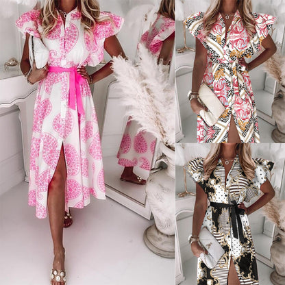 Damklänning - Maxilängd - Paisleymönster - Knäppning - Volangärmar - Midjebälte