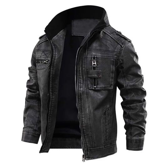 Herrjacka i Läder – Slim Fit – Dragkedja – Epåletter – Flera Fickor