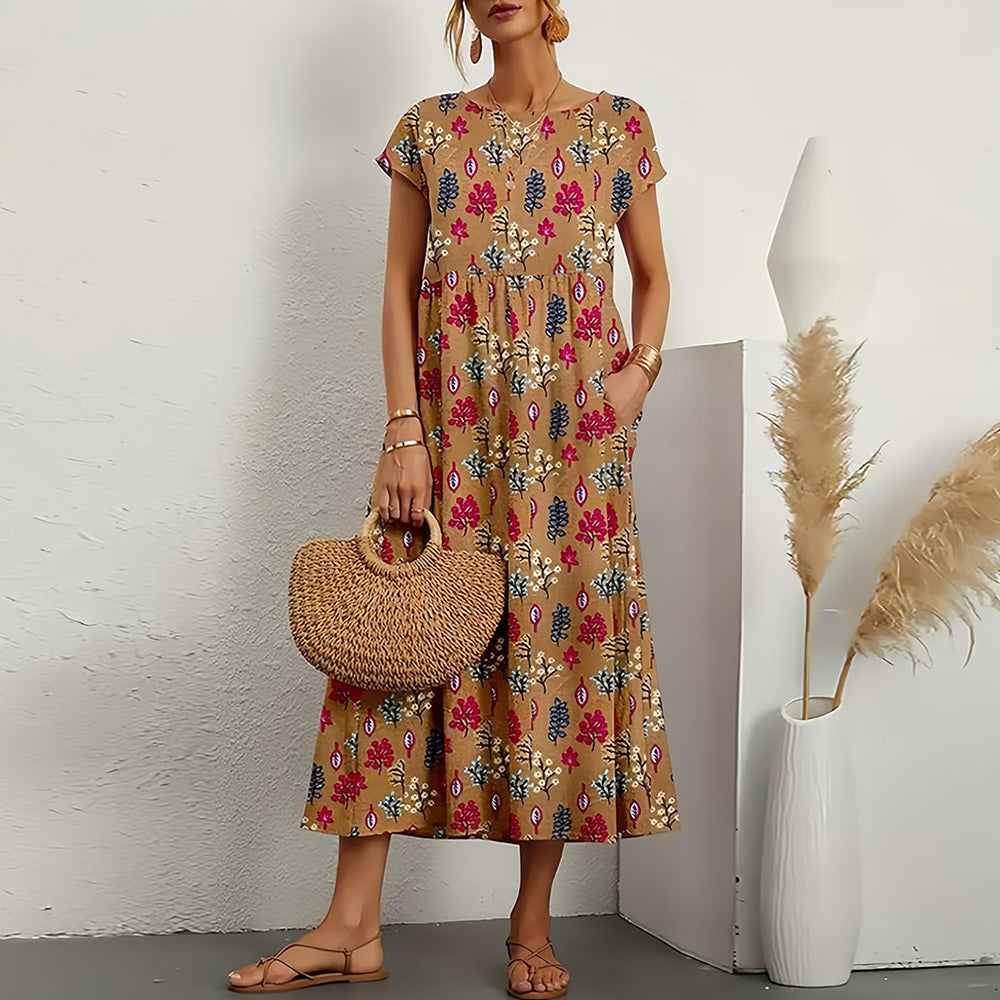Damklänning midi – Linne bomull – Lös passform – A-linje – Kort ärm blommönster