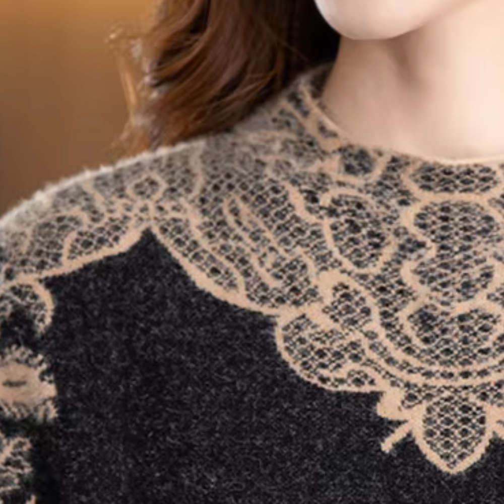 Damklänning Stickad - Avslappnad Passform - Knälång - Rund Hals - Blommigt Mönster